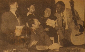 From L-R: Denis Mitchell, Ewan MacColl, Neva Raphaello, Big Bill Broonzy and (seated) Humphrey Lyttleton. During the production of 'Song of the Iron Road' for the Ballads and Blues series, Broadcasting House, 1953.